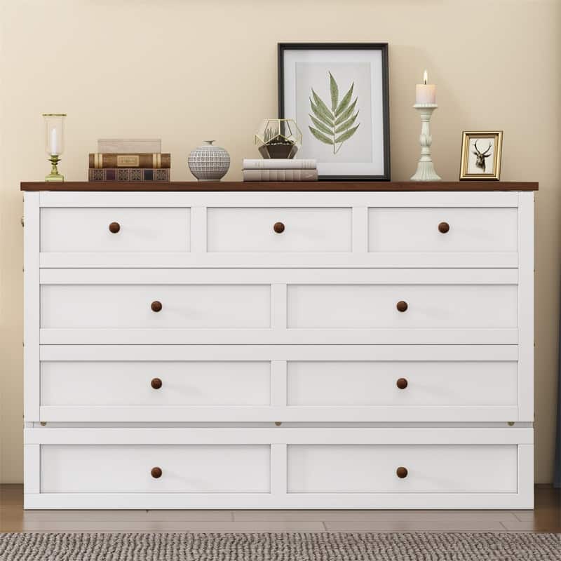 Modern Platform Murphy Bed, Full/Queen Size Mobile Murphy Cube Cabinet Bed w/ Drawer and Charging Station, Wood Murphy Bed Chest