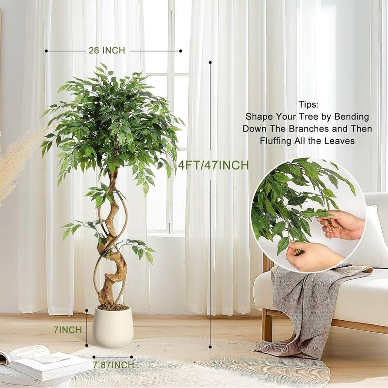 Artificial Faux Silk Ficus Tree with Curved Trunks for Indoor Home Decor