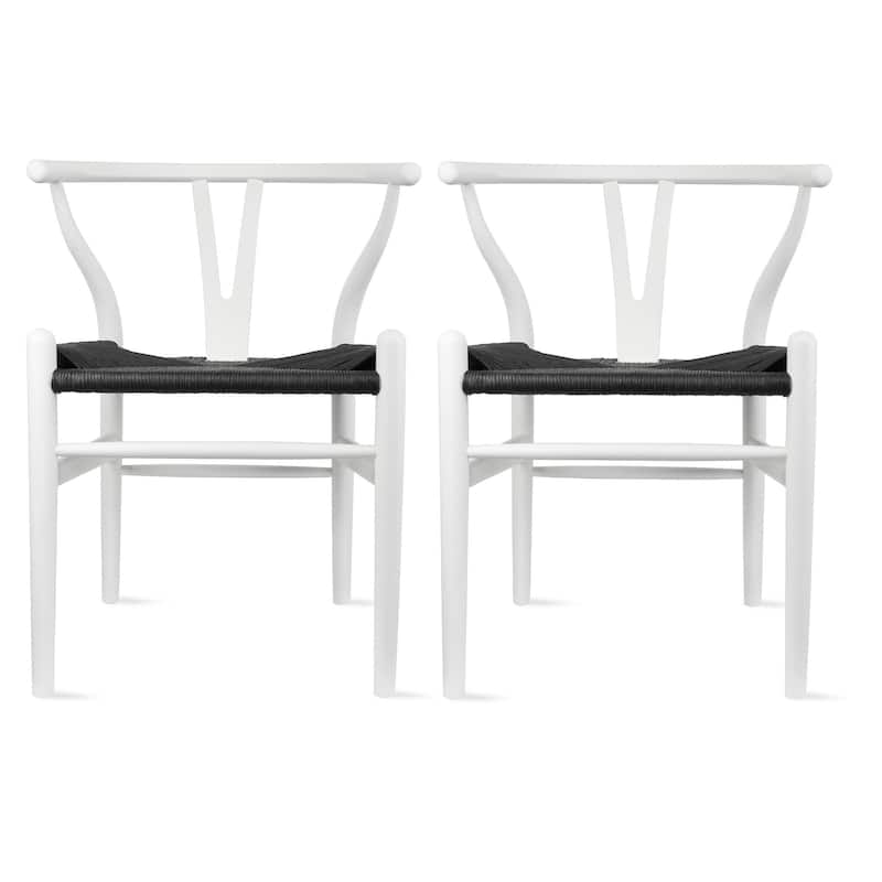 Farmhouse Dining Chairs Organic Round Arms Y-back Wood with Woven Black Seats For Kitchen Hotel Restaurants (Set of 2) - White