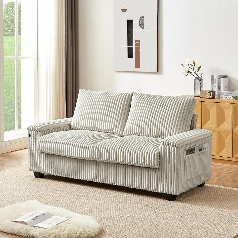 White Lounge Sleeper Bed Loveseat Sofa with Storage & USB Port, 2-Seater Sofa Couch with Square Armrests