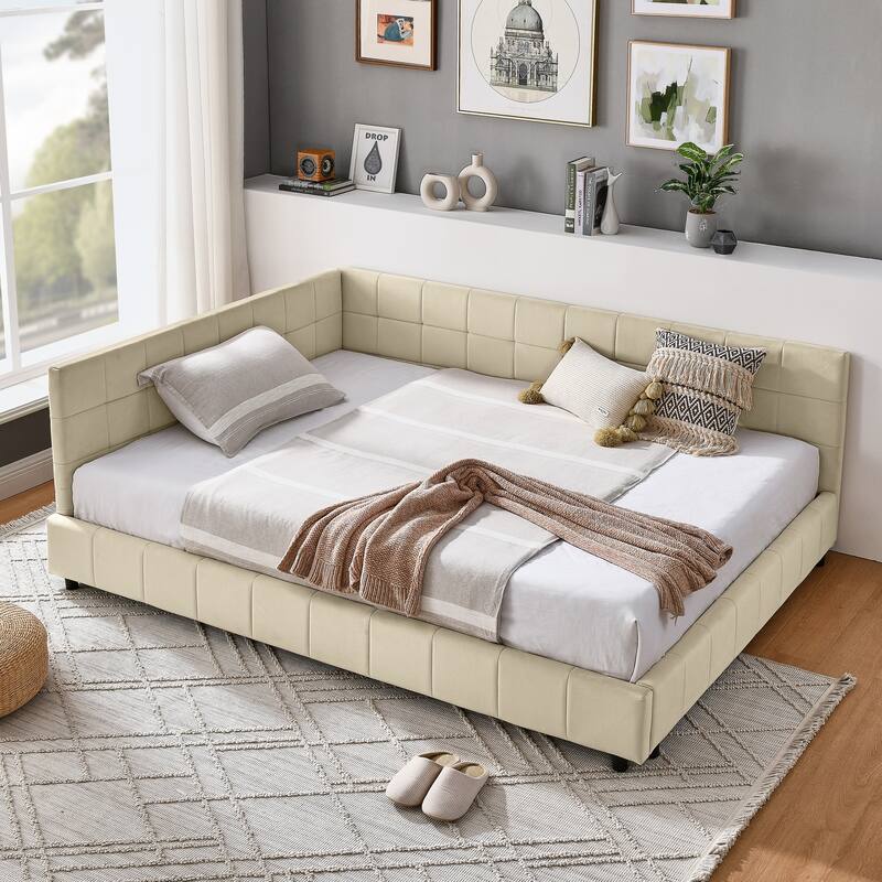 L-shaped Velvet Upholstered Daybed Tufted Sofa Bed with Soft Backrest Armrests - and Optional Corner Storage Day Bed - Beige - Full