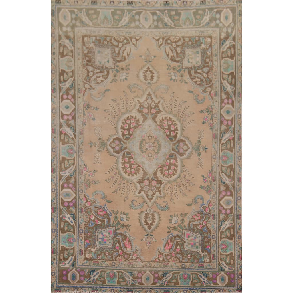 Floral Distressed Tabriz Persian Vintage Rug Hand-Knotted Wool Carpet - 6'7" x 9'6"