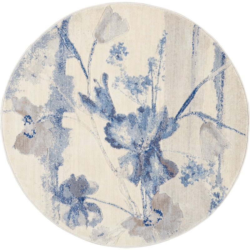 Nourison Somerset Vintage Watercolor Floral Pattern Area Rug - 3'6" Round - Ivory/Blue - Runner/Round