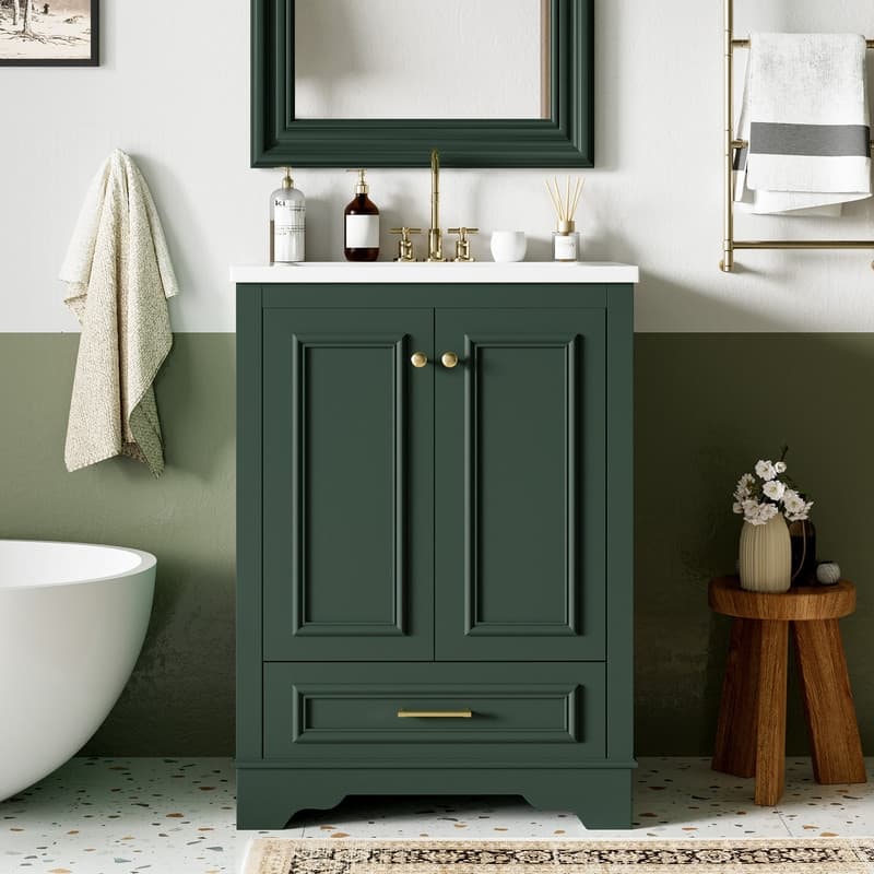 Small Bathroom Vanity with 24'' Ceramic Sink Set, Modern Freestanding Storage Cabinet with Drawer & Adjustable Shelf - Green