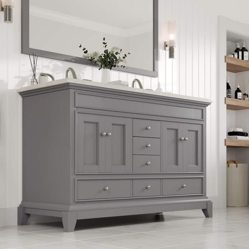 Eviva Elite Stamford 48"W x 22"D Gray Double Sink Vanity with White Carrara Quartz Vanity Top