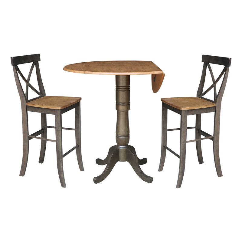 42 in. Round Dual Drop Leaf Bar Height Dining Table with 2 X-back Stools - 3 Piece Set