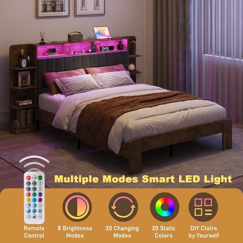 Brown Queen Size Platform Bed with Storage,LED Lights and Charging Station for Bedroom