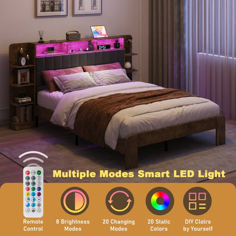 Queen Size Platform Bed with Storage,LED Lights and Charging Station for Bedroom