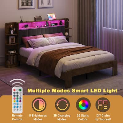 Queen Wood Platform Bed, Smart RGB LED Bed Frame, Linen Storage Headboard with 4 Tier Shelves on Each Side and Charging Station