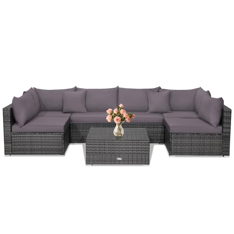 Patio Rattan Furniture Set Sectional Sofa Garden Cushion - 7 Pieces - Armless Sofa: 29" x 25.5" x 24"