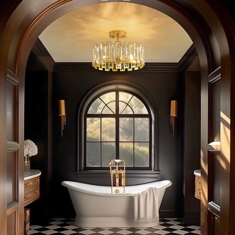 5-Light Mid-Century Modern Glam Drum Crystal Semi-Flush Mount Light