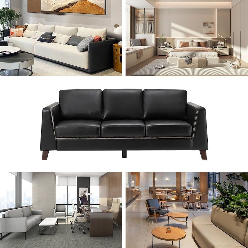 Rita 81.5" Genuine Leather Tuxedo Arm Sofa Couch With Solid Wood Legs By HULALA HOME