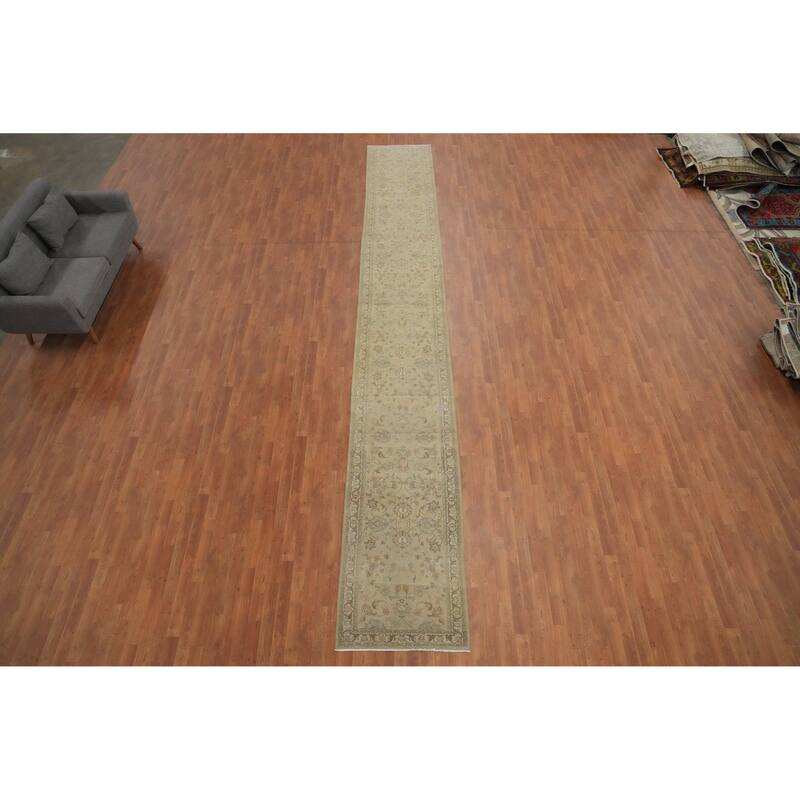 Hand Knotted Oriental 100% Wool Carpet Traditional Floral Beige & Ivories Tabriz Runner Rug - 19' 11'' X 2' 8''