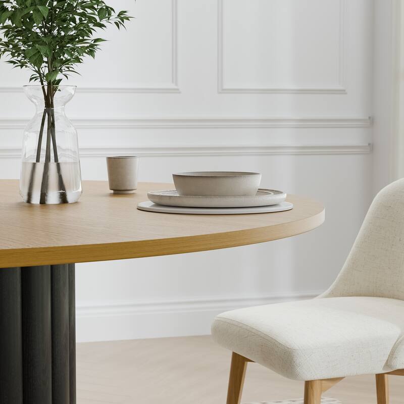 Solid Wood Round Dining Table Kitchen Table with Tabletop & Textured Cylindrical Base