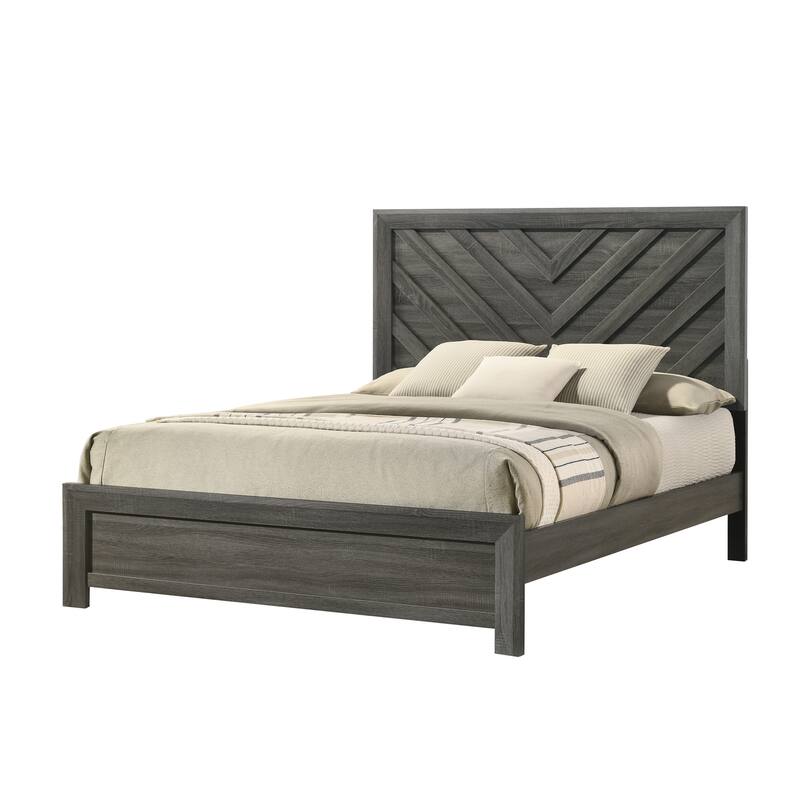 Queen Size Bed with Geometric Chevron Headboard, Rustic Gray Finish, Contemporary Design - Gray