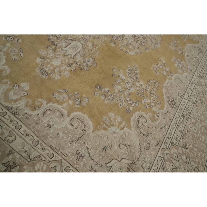 Hand Knotted Oriental 100% Wool Carpet Traditional Floral Yellow & Gold Kerman Area Rug - 12' 9'' X 9' 6''