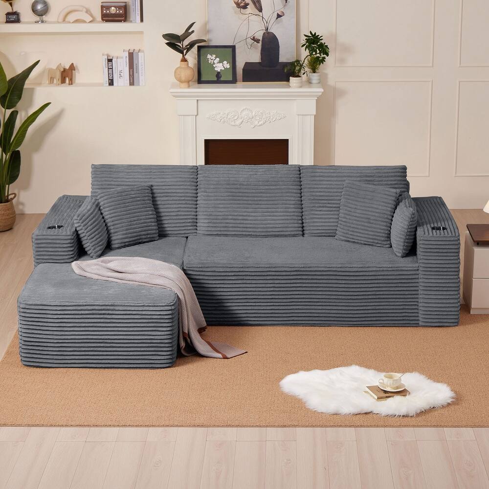 102.76" Corduroy Cloudy L Shaped Sofa with Headrests