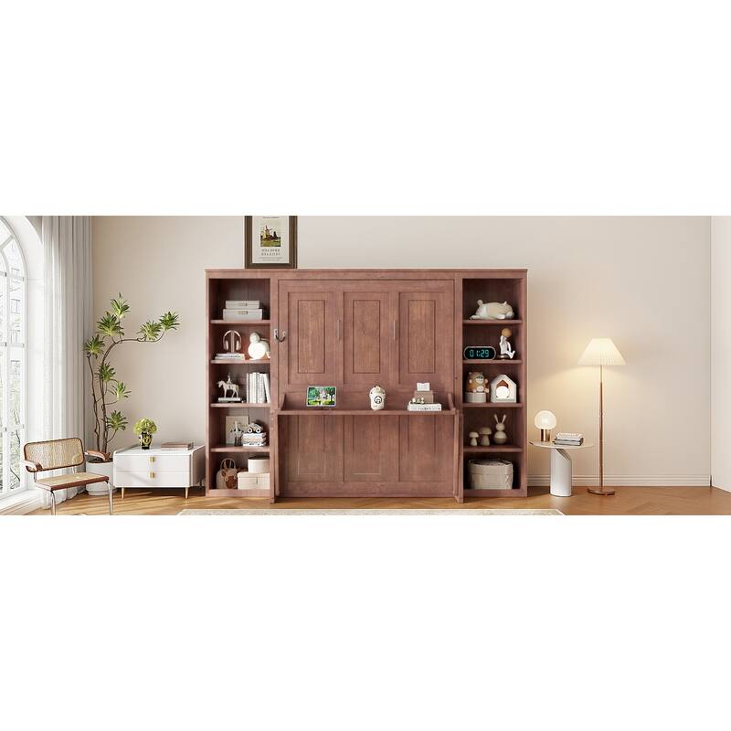 Roomfitters Full/Queen Size Murphy Bed with Desk and Bookshelf Storage, Space Saving, Dark Brown
