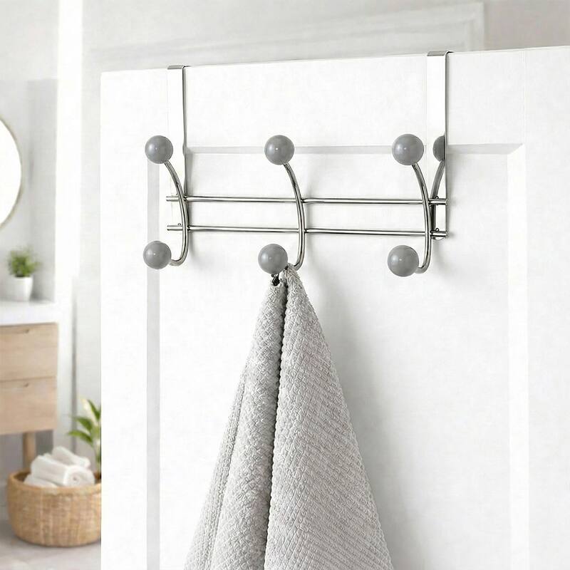 Over The Door Hook Rack with 6 Ball Ends - 10.5 L x 4 D x 7.5 H - Chrome/Gray