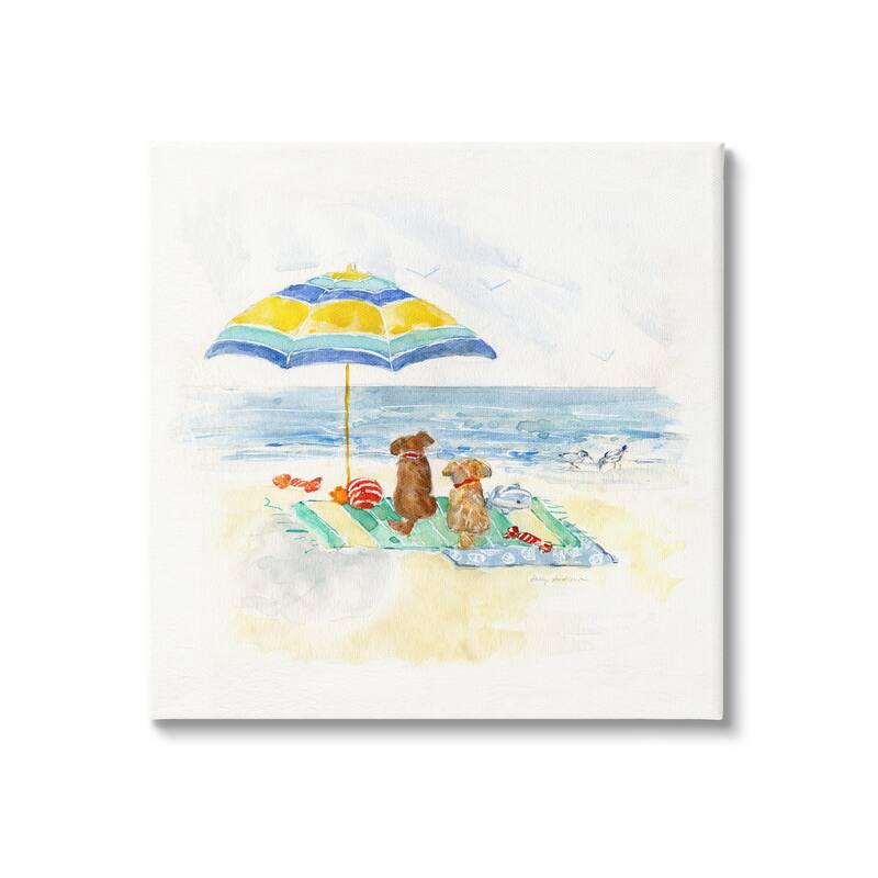 Stupell Cute Playful Dogs Relaxing Beach Umbrella Shoreline Painting Canvas Wall Art