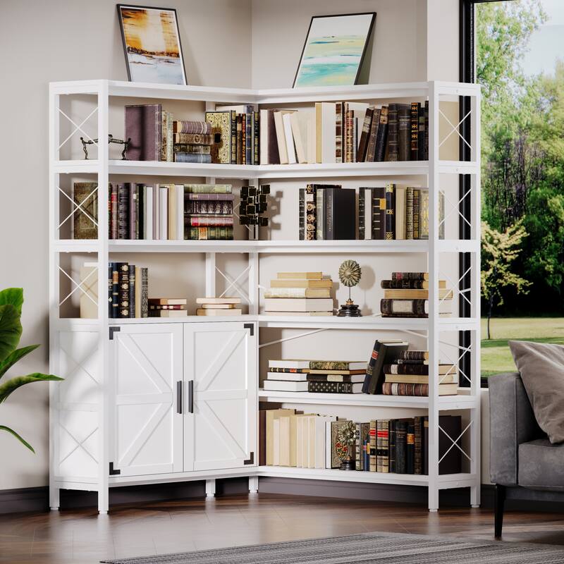 6-Shelf Corner Bookshelf Large, White Barn Door L-Shaped Bookcase with Storage Cabinet, Large Book Shelf, Metal Framed