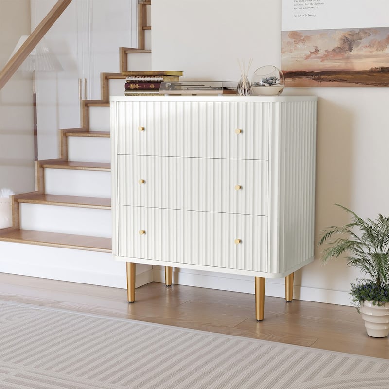 Modern White Dresser,3 Drawer Fluted Wood Storage for Bedroom