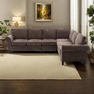 109.5" Chenille 6-Seater L-Shaped Sectional Sofa with Rivets Decorated Rolled Armrests,Cushions, and Wood Frame