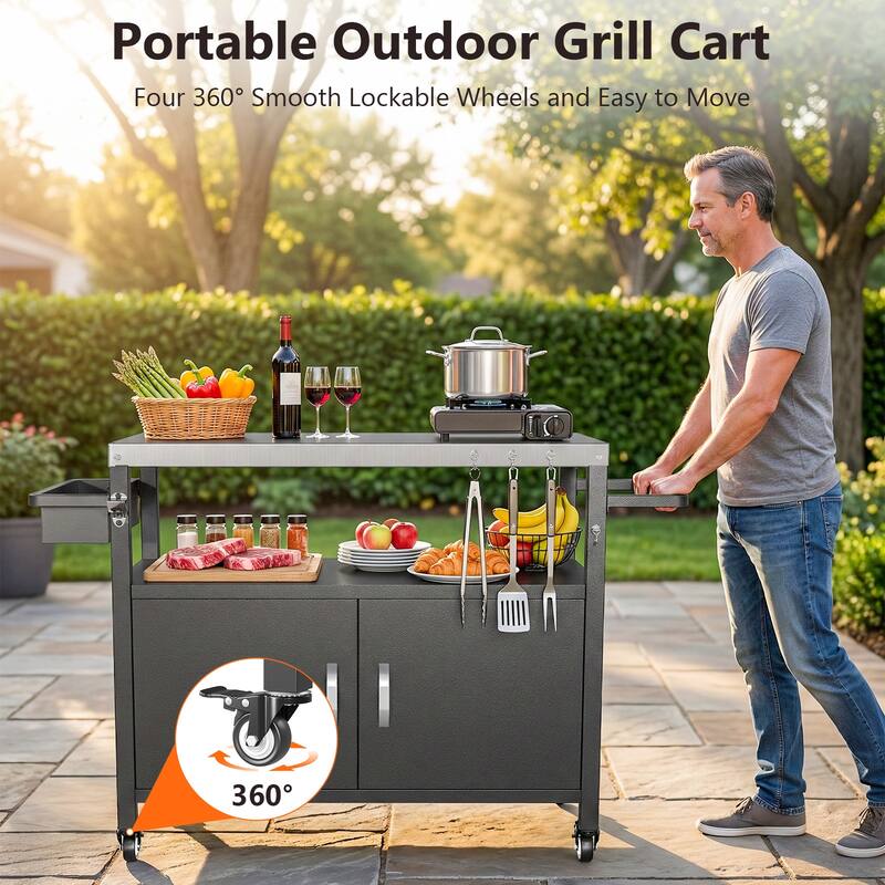 Pocassy Outdoor Grill Cart with Storage Cabinet Metal Kitchen Island Prep Table.