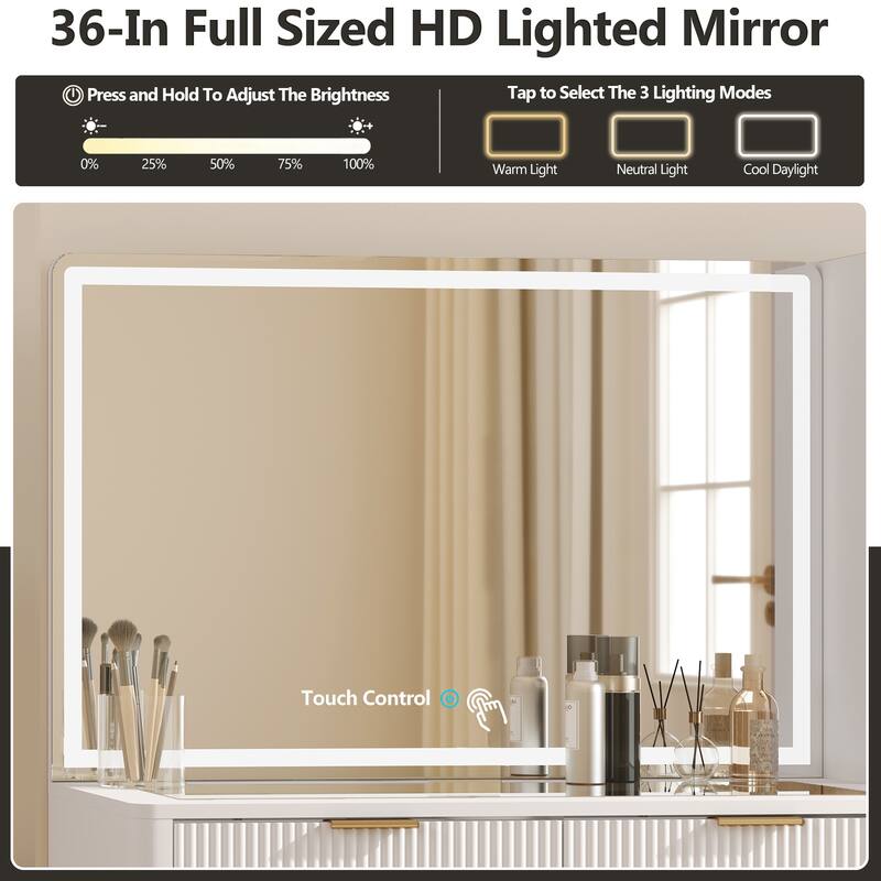 Modern Fluted Makeup Vanity Desk with Lighted Mirror, Dressing Table