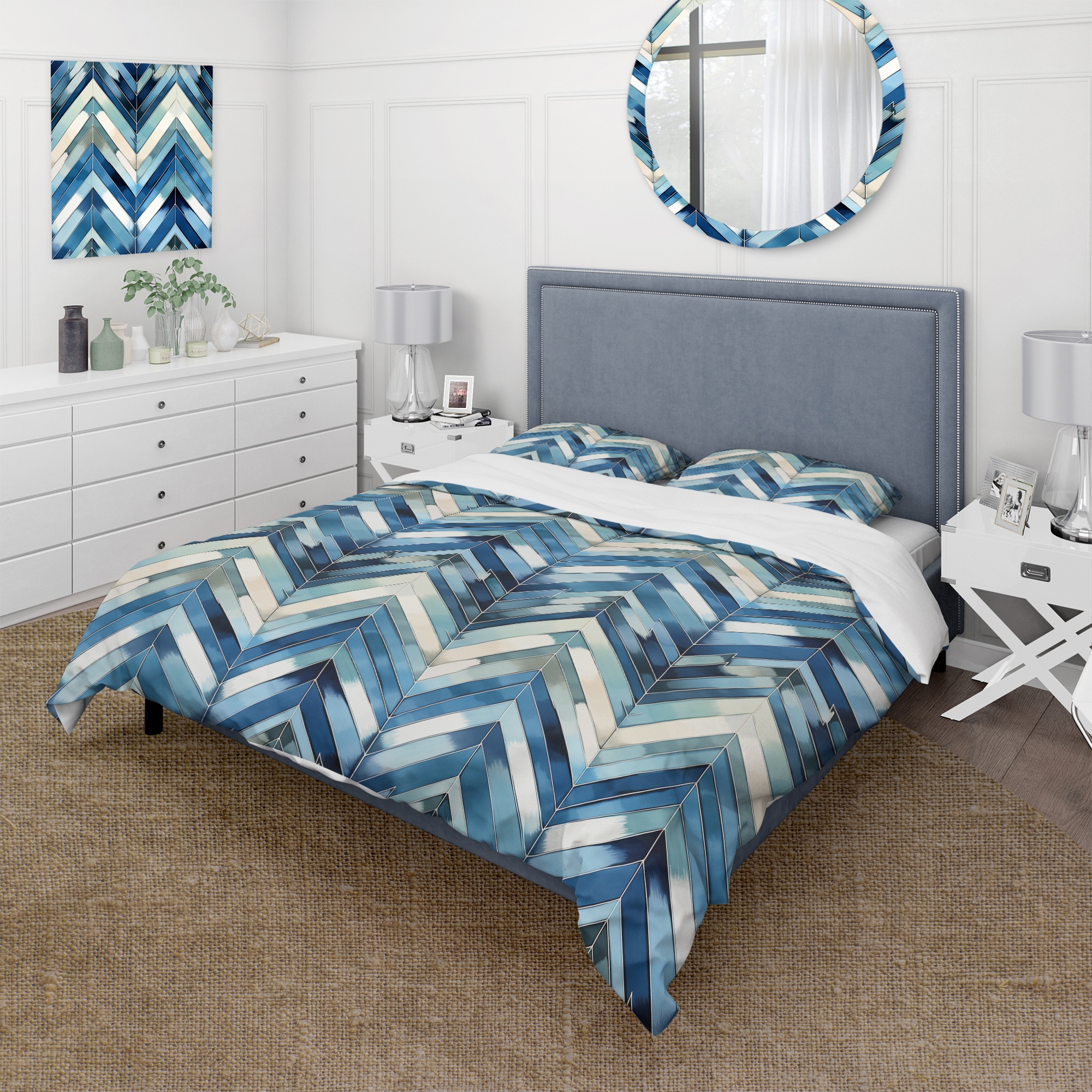 Designart Vintage Cobalt Blue White Chevron Geometric Blue Glam Bedding Cover Set With Shams On Sale Bed Bath Beyond 39511611