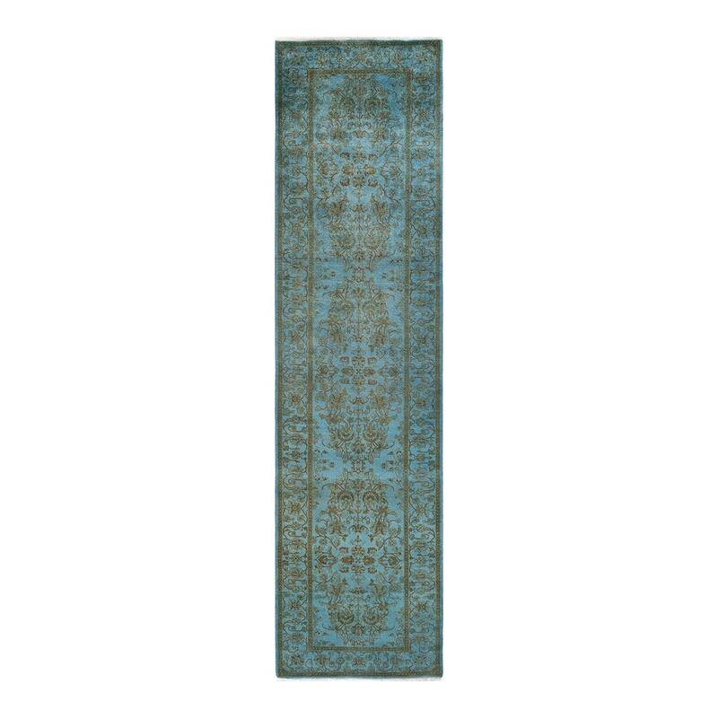 Overton Hand Knotted Wool Vintage Inspired Modern Contemporary Overdyed Blue Runner Rug - 2' 8" x 10' 5"
