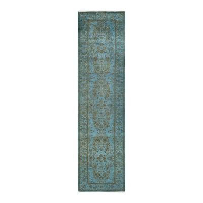 Overton Hand Knotted Wool Vintage Inspired Modern Contemporary Overdyed Blue Runner Rug - 2' 8" x 10' 5"