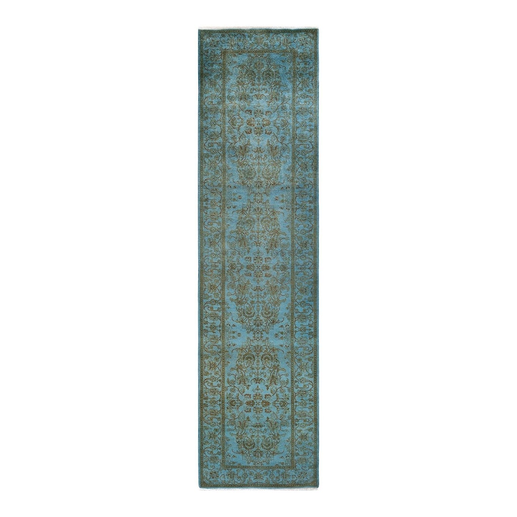Overton Hand Knotted Wool Vintage Inspired Modern Contemporary Overdyed Blue Runner Rug - 2' 8" x 10' 5"
