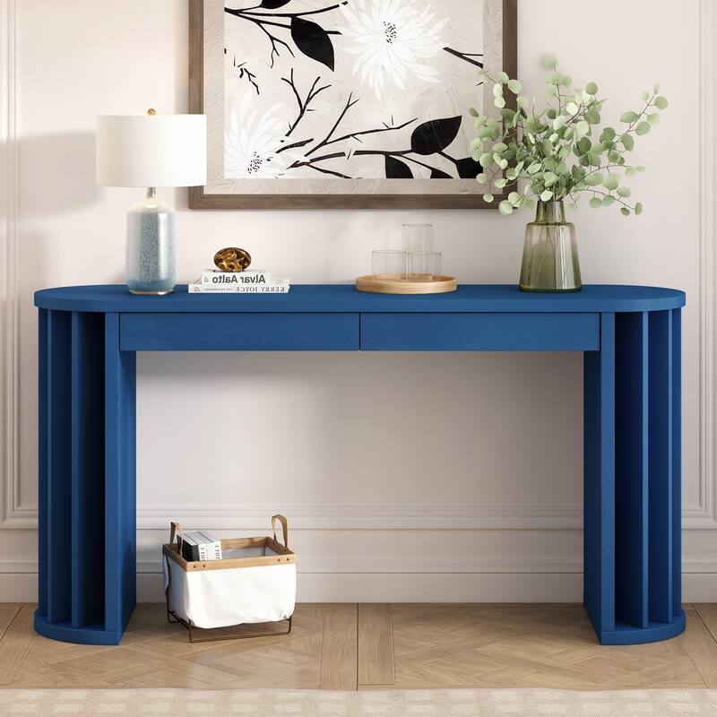 59-inch Long Console Table with Oak Veneer - Navy Blue