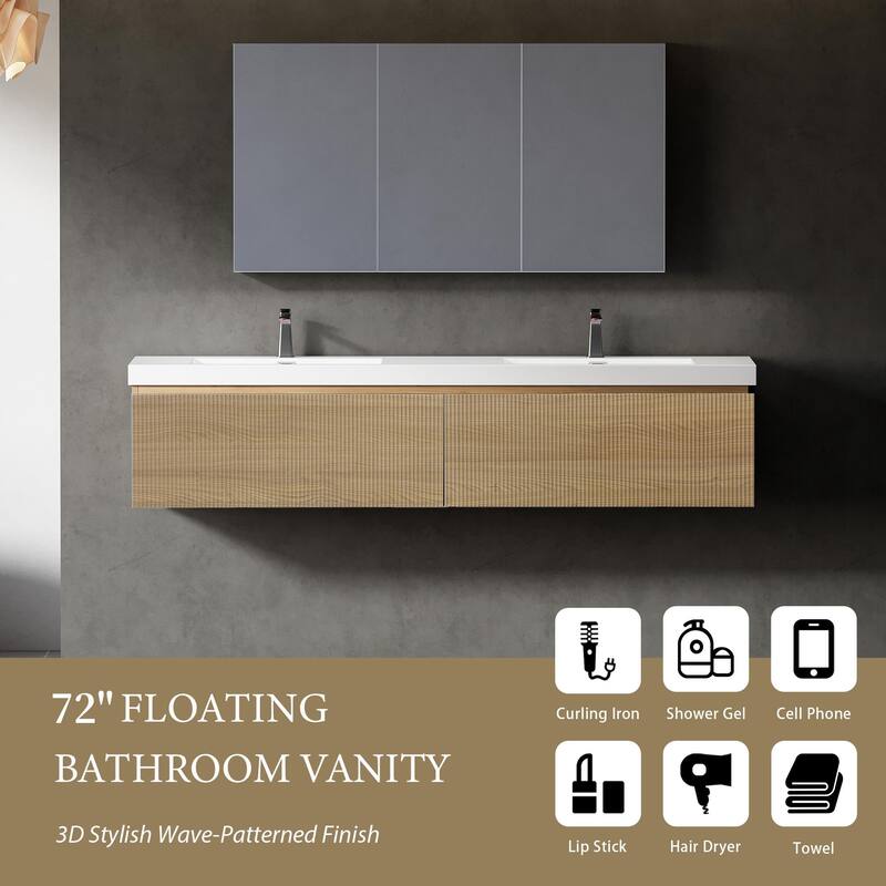 GDFStudio - Harrison 72-Inch Floating Double Bathroom Vanity with Solid Surface Basins and Fluted Storage Drawers