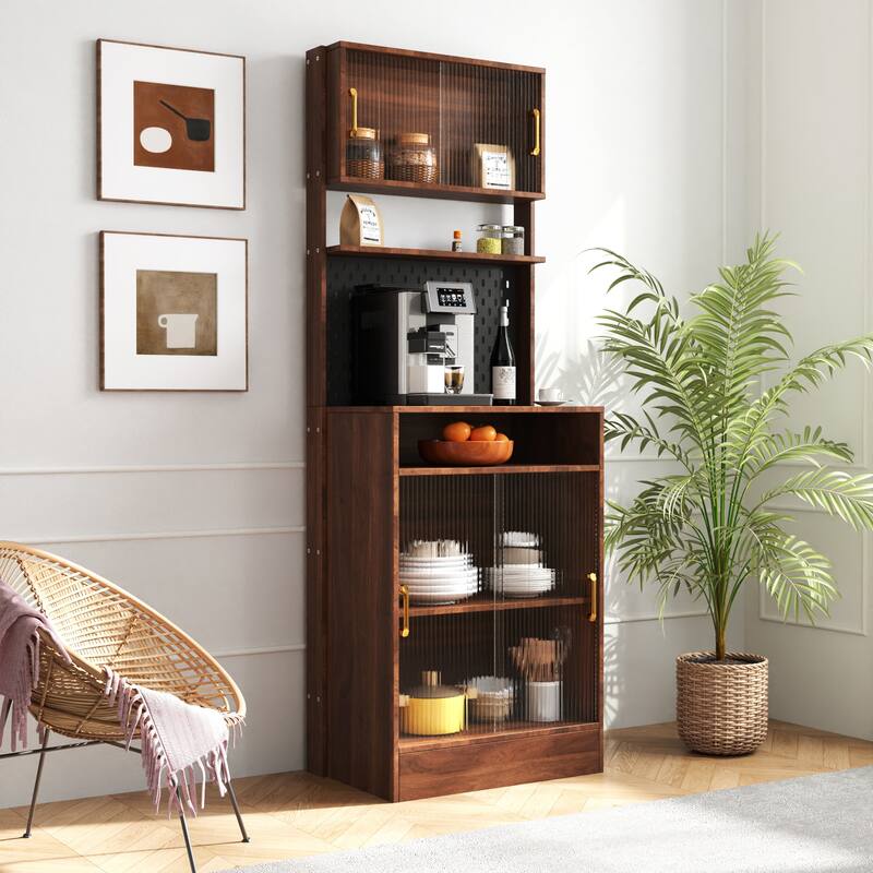 Kitchen Pantry Sideboard with 2 Sliding Striped Glass Doors,Freestanding Countertop Storage Cabinet,Wine,Coffee machine