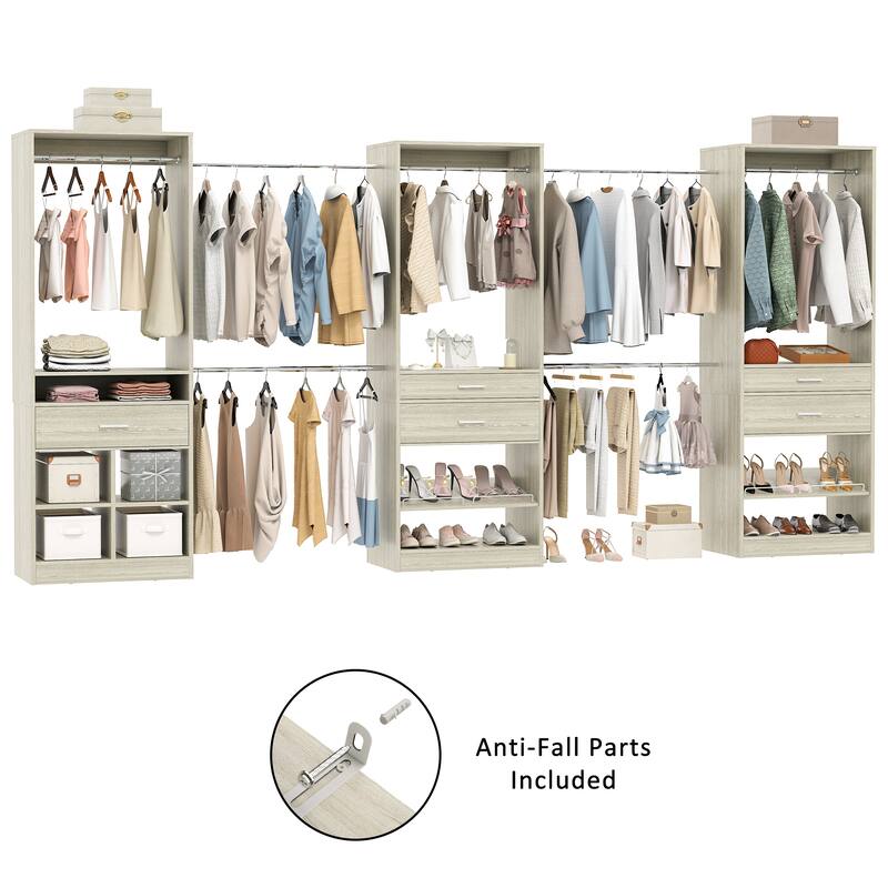 Rhezo 69"-145" W Closet System With 5 Wooden Drawers and 6 Hanging Rods,Walk-in Closet Organizer with Shoe Rack and Storage Cube