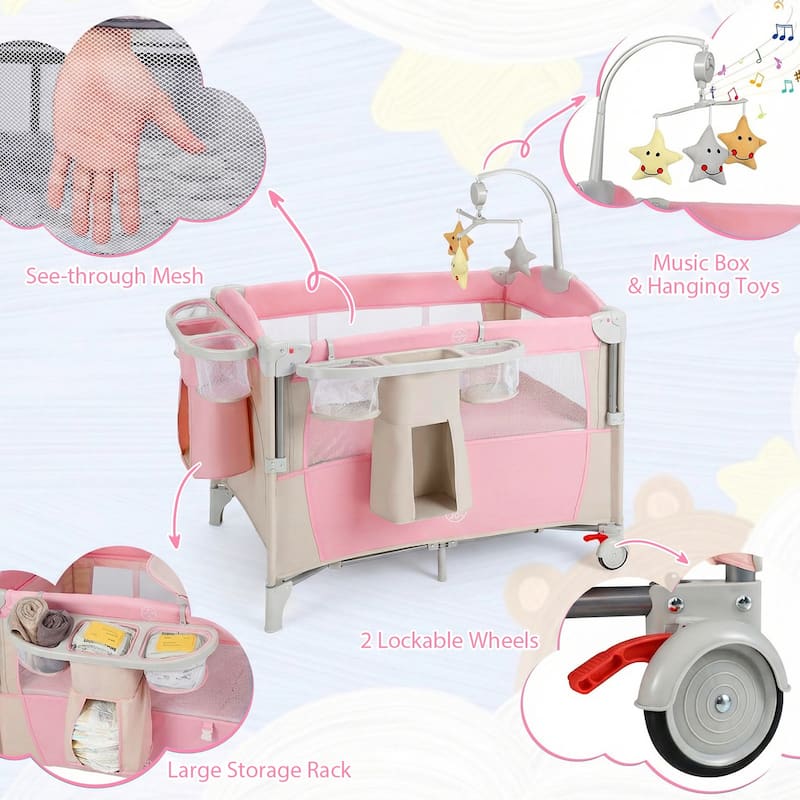 Gymax 5 in 1 Pack & Play w/Diaper Changer Cozy Mattress Lockable