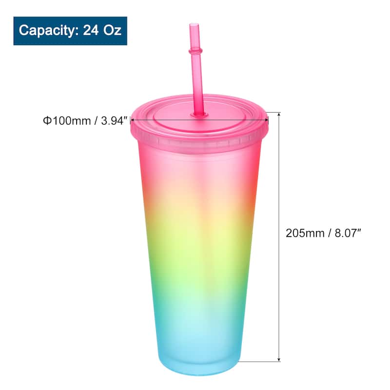 Acrylic Tumbler with Lid and Straw, 24 Oz Insulated Double Wall Cups - Rainbow Pink