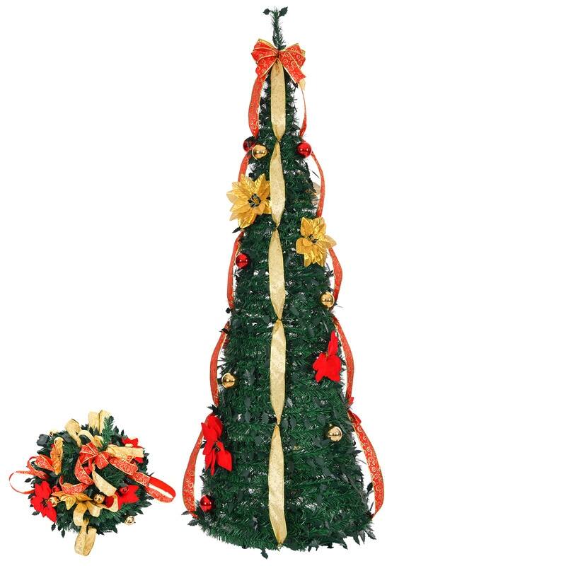Fully Decorated Pre-lit Christmas Tree with 80 Warm Lights Battery Operated and Red & Golden Ornaments for Holiday Deco