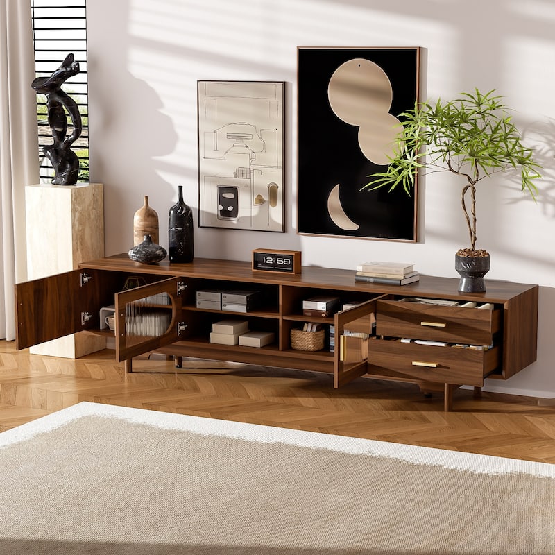 Anmytek Modern TV Stand Media Console with Fluted Glass Doors Beveled Edge Solid Wood Legs Large Screen Storage