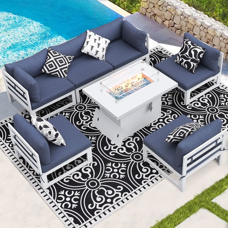 FINCATI 7 Piece Aluminum Outdoor Furniture Set with Propane/Natural Gas Fire Pit Table, 29" Wide Outdoor Sectional Sofa for 6