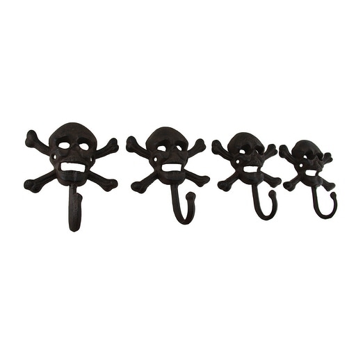 Set of 4 Rustic Cast Iron Skull and Bones Decorative Wall Hooks - 6.5 X 5 X 2.5 inches