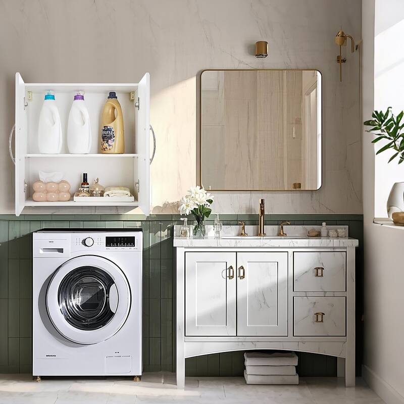2-Tier White Wall Mounted Laundry Room Storage Cabinet with 2 Doors and Adjustable Shelves - 11.8 x 23.6 x 23.6 in