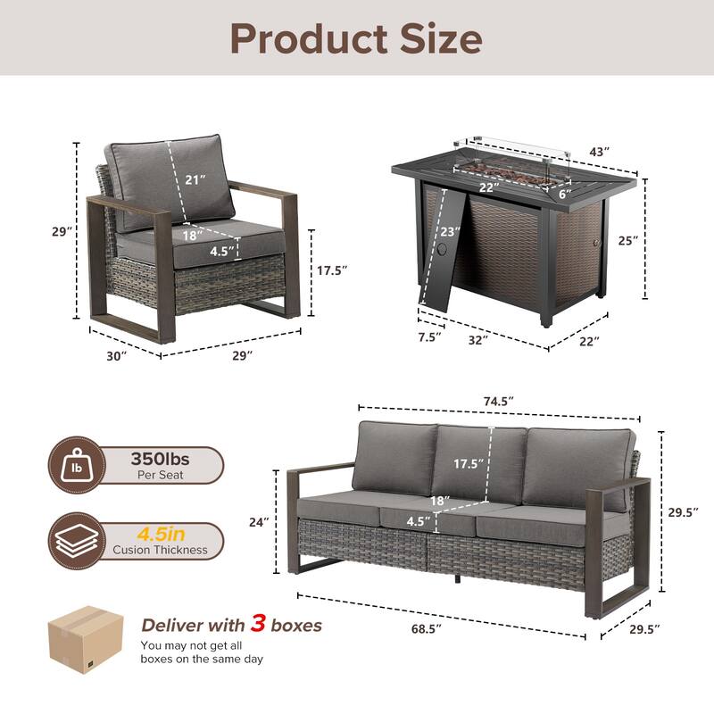 Meyreso Wicker Patio Conversation Set with Metal Fire Pit Table & Olefin Cushions