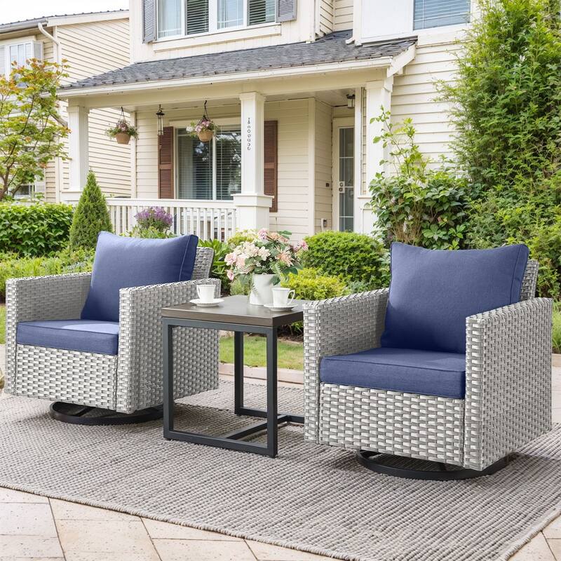 Outdoor Swivel Rocking Chairs Set of 2 with Rattan Side Table - Light Grey - Blue