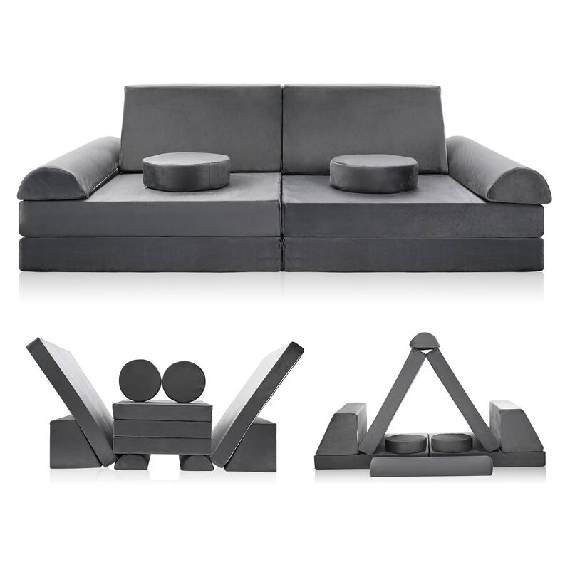 DoCred 10-Piece Kids Couch Sofa, Modular Toddler for Playroom Bedroom - 63"×31.5"×19.7" - Grey