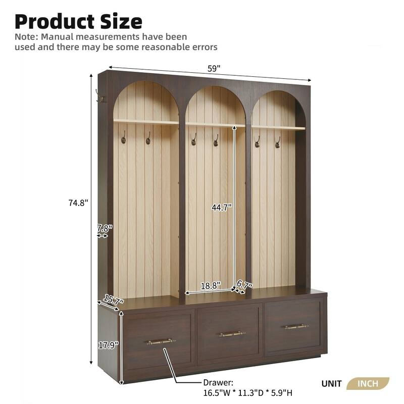 Farmhouse Wooden Hall Tree with Arched Design,8 Retro Hooks and 3 Drawers