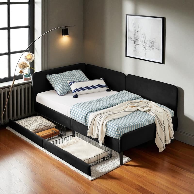 Twin Size Upholstered Platform Sofa Bed with Velvet Cushions and 2 Storage Drawers, Convertible Daybed Frame - Black - Twin