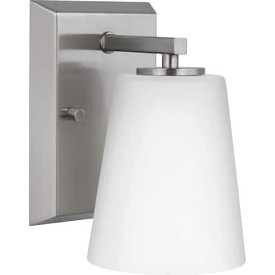 Vertex Collection One-Light Brushed Nickel Etched White Glass Contemporary Bath Light - 4.75 in x 6.25 in x 7.5 in